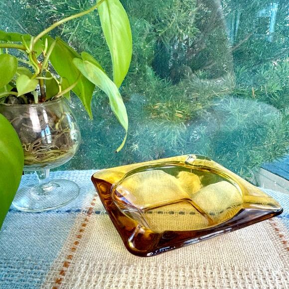 Vintage Amber Cut Glass Ashtray – 4.75” Square Mid-Century Modern - Picture 7 of 14